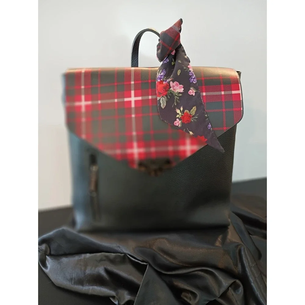 Steve Madden Black Pebbled Plaid Flap Backpack with‎ Floral Scarf Accent